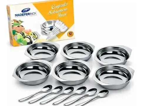 Conjunto de 12 peças de taças e colheres de inox para sobremesa